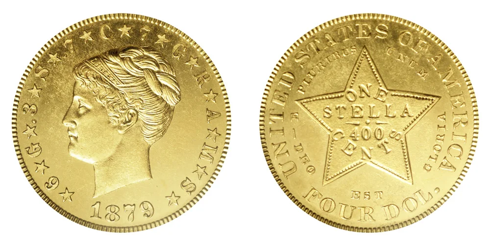 1879 Stella Gold $4 Coiled Hair Four Dollar Piece - Early Gold