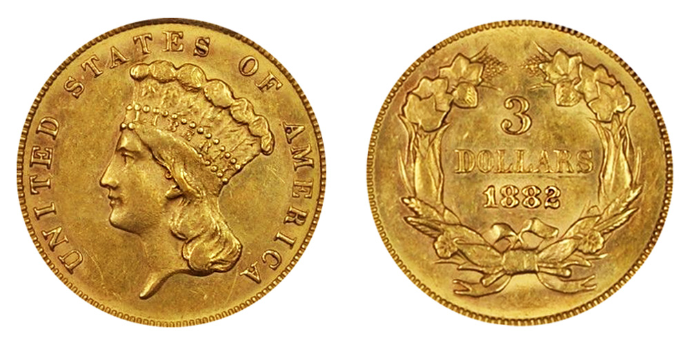 1882 Indian Princess Head Gold $3 Three Dollar Piece - Early Gold