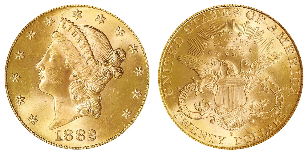 1882 S Coronet Head Gold $20 Double Eagle Liberty Head - Twenty