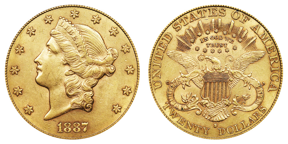 1887 S Coronet Head Gold $20 Double Eagle Liberty Head - Twenty