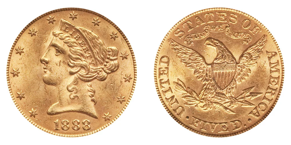 5個セット 激レア 人気 ハローキティ ゴールデンハーフ golden half 1888 Coronet Head Gold $5 Half Eagle Type 2 - With Motto - Liberty