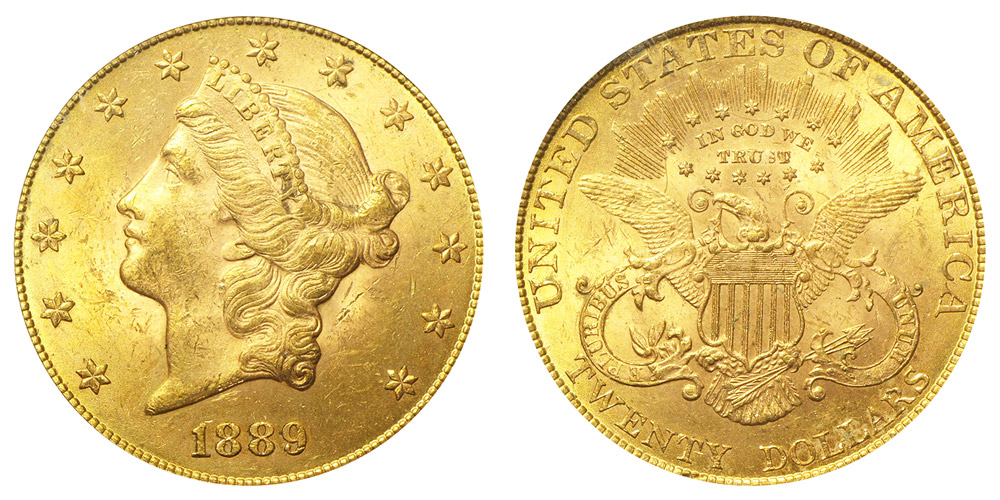1889 Coronet Head Gold $20 Double Eagle Liberty Head - Twenty
