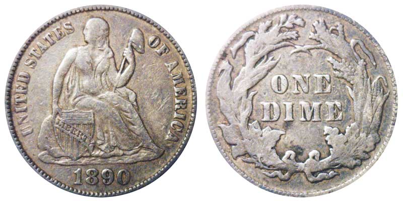 アメリカ合衆国　シーティド リバティ　ダイム(10セント)銀貨　1890 1890 Seated Liberty Dime Coin Value Prices, Photos & Info