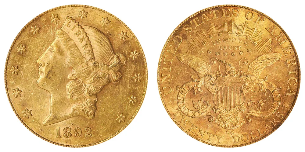 1892 CC Coronet Head Gold $20 Double Eagle Liberty Head - Twenty