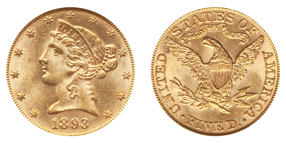 1893 Coronet Head Gold $5 Half Eagle Type 2 - With Motto - Liberty
