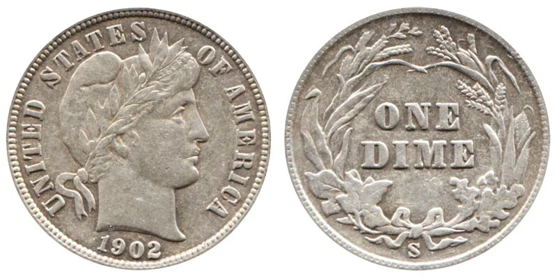 バーバーダイム　1902 S 10セント　銀貨　極美品　私 1902-s-barber-dime.webp