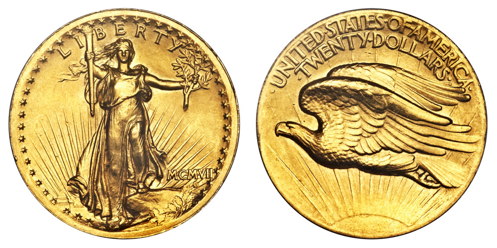 1907 Saint Gaudens Gold $20 Double Eagle High Relief - Roman