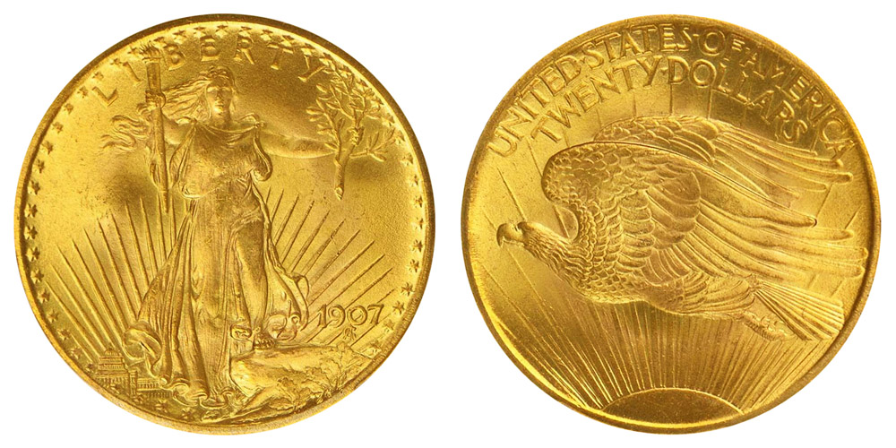 1907 Saint Gaudens Gold $20 Double Eagle Arabic Numerals - Large