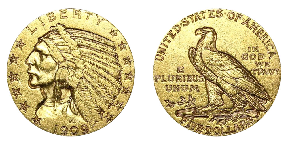 1909 $5 インディアンヘッド・ハーフイーグル 1909 Indian Head Gold $5 Half Eagle Coin Value, Prices & Info