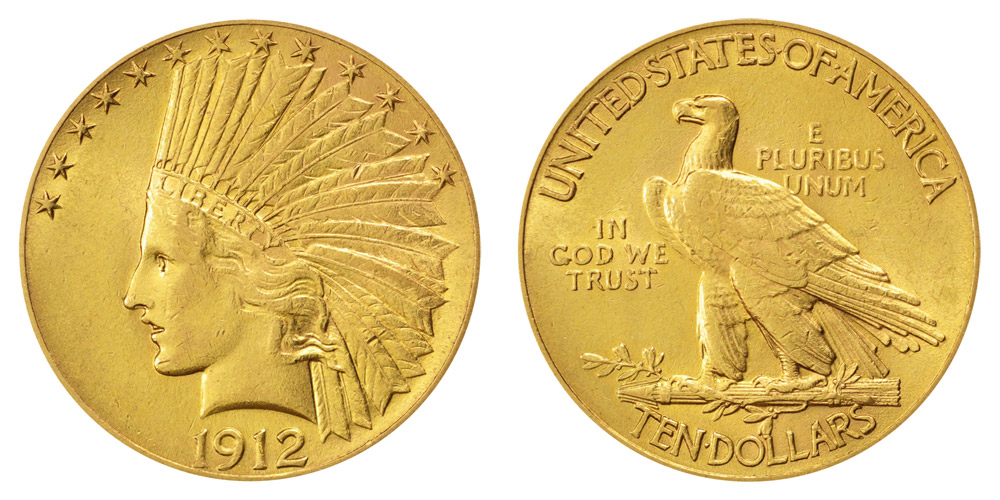 むちゃページ 1912 Indian Head Gold $10 Eagle Type 2 - With Motto Coin Value