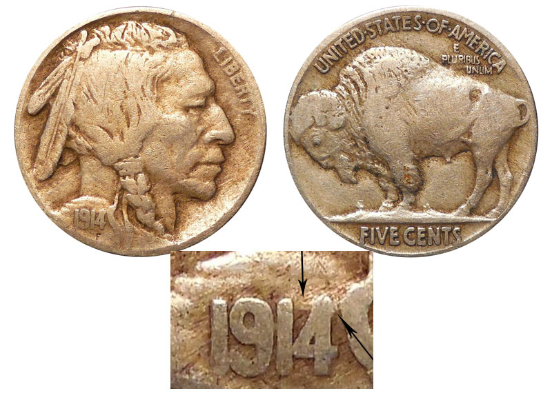インディアンヘッド　1914年　サンフランシスコ　バッファロー 1914 Buffalo / Indian Head Nickel 4 Over 3 Coin Value Prices
