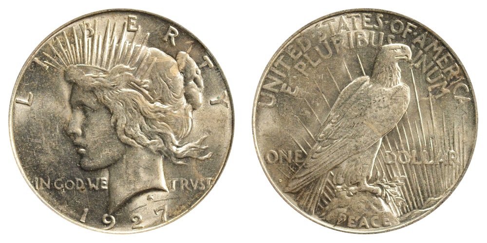 1927-D ピースダラー銀貨 本物保証級 1927 D Peace Silver Dollar Coin Value Prices, Photos & Info