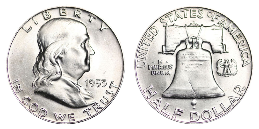 1953 D Franklin Half Dollar Liberty Bell Coin Value Prices, Photos