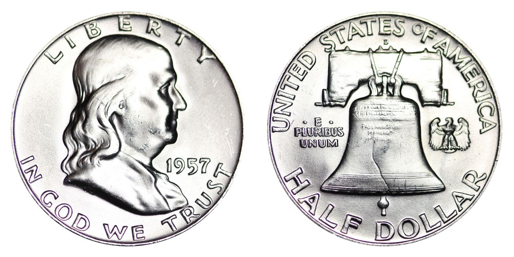 1957 D Franklin Half Dollar Liberty Bell Coin Value Prices, Photos