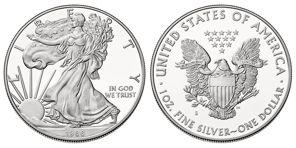 1986 S American Silver Eagle Bullion Coin Proof Type 1 - Reverse