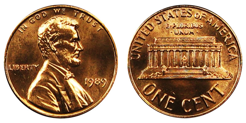 1989 P Lincoln Memorial Cent Small Cents Copper Plated Zinc Penny