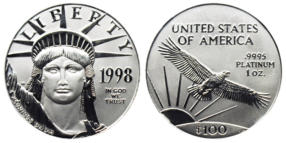 1998 American Platinum Eagle Bullion Coin $100 One Ounce Platinum