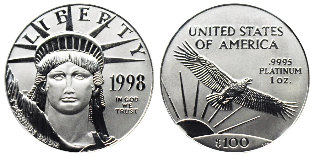 1998 American Platinum Eagle Bullion Coin $100 One Ounce Platinum