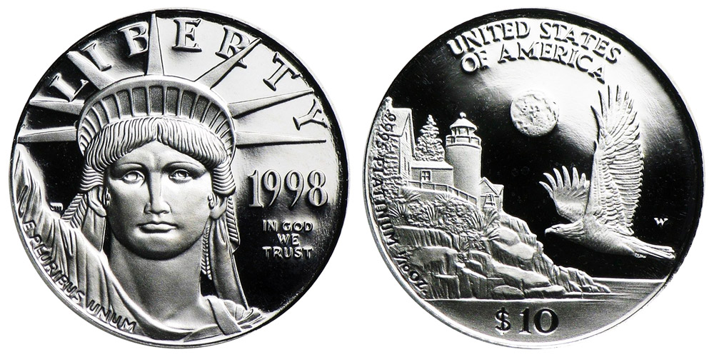 1998 W EAGLE プラチナ貨 プルーフ $25 PF70 1998 W American Platinum Eagle Bullion Coin Proof $10 Tenth Ounce