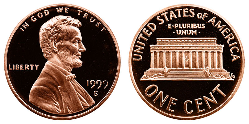 1999 S Lincoln Memorial Cent Small Cents Copper Plated Zinc Penny