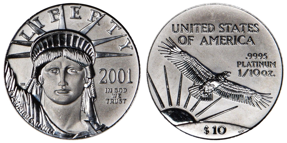 2001 American Platinum Eagle Bullion Coin $10 Tenth Ounce Platinum