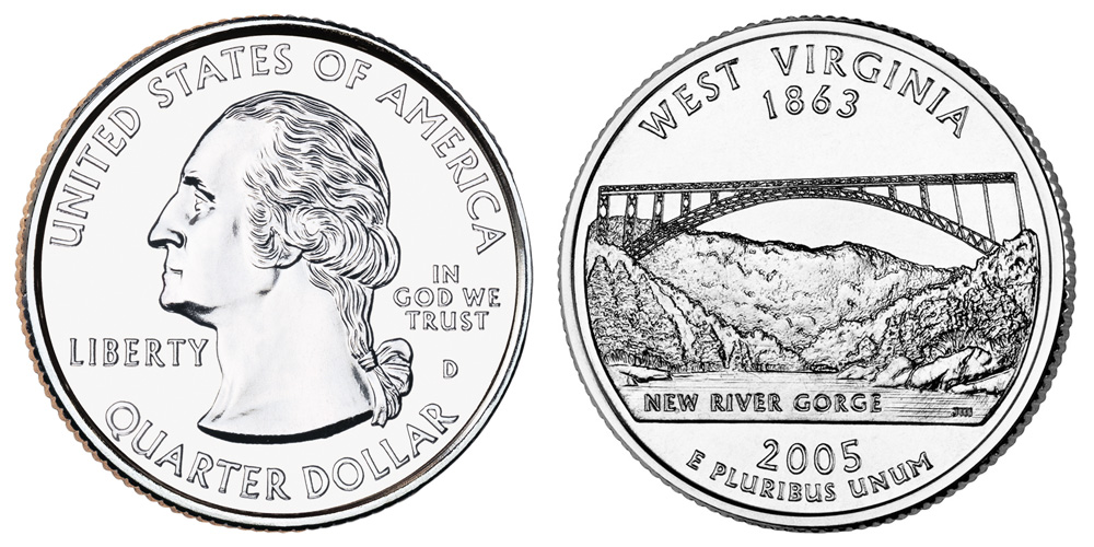 米国◆◆2005-D ワシントン (WV) クォーター硬貨100枚バッグ◆◆ 2005 D West Virginia State Quarter Coin Value, Prices & Info | USA