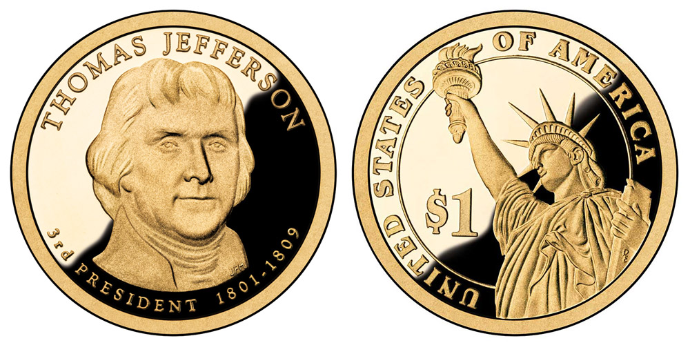 2007 S Presidential Dollar Thomas Jefferson Golden Dollar Coin