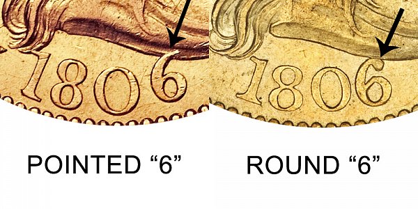 1806 Pointed 6 vs Round 6 - $5 Turban Head Gold Half Eagle - Difference and Comparison