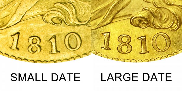 1810 Small Date vs Large Date - $5 Capped Bust Gold Half Eagle - Difference and Comparison