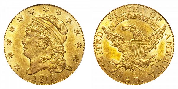 1818 Capped Bust $5 Gold Half Eagle - Five Dollars 