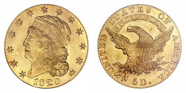 1820 Curl Base 2 - Small Letters - Capped Bust $5 Gold Half Eagle - Five Dollars 