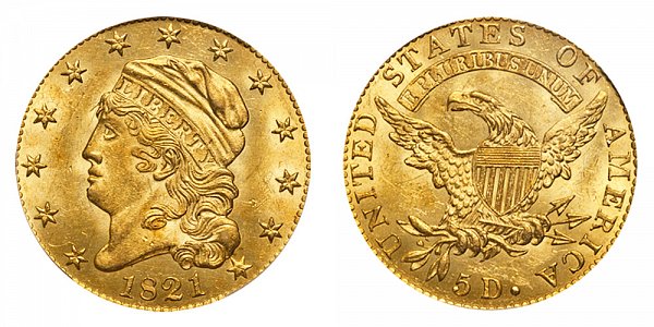 1821 Capped Bust $5 Gold Half Eagle - Five Dollars 