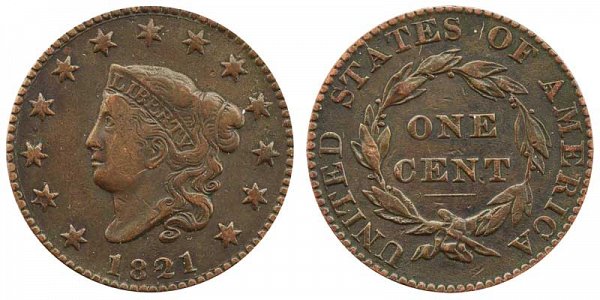 1821 Coronet Head Large Cent Penny 