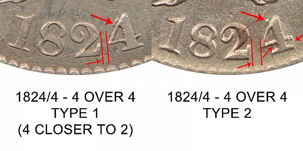 1824/4 Capped Bust Half Dollar - 4 Over 4 Overdate - Type 1 vs Type 2 
