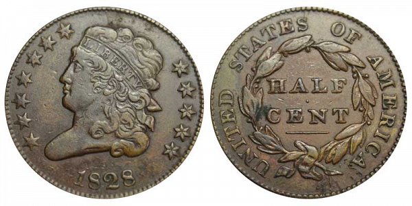 1828 Classic Head Half Cent Penny - 12 Stars 