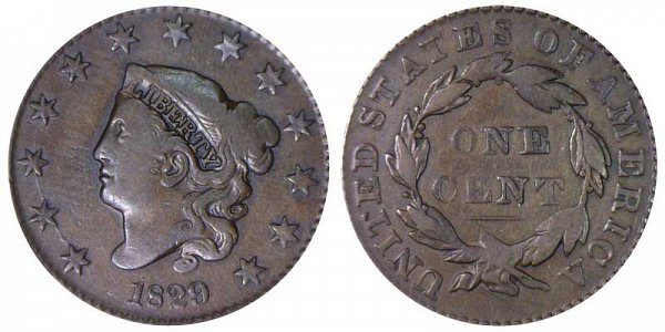 1829 Coronet Head Large Cent Penny - Medium Letters 
