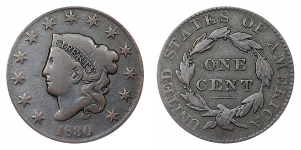 1830 Coronet Head Large Cent Penny - Medium Letters 