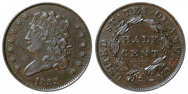 1833 Classic Head Half Cent Penny 