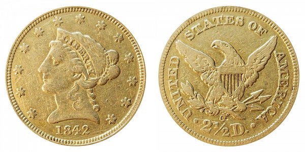 1842 O Liberty Head $2.50 Gold Quarter Eagle - 2 1/2 Dollars 