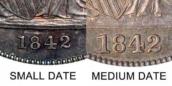 1842 Small Date vs Medium Date Seated Liberty Half Dollar - Difference and Comparison