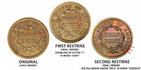 1846 Original vs First Restrike vs Second Restrike Braided Hair Half Cent - Difference and Comparison