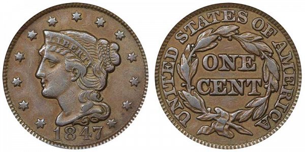 1847 Braided Hair Large Cent Penny 
