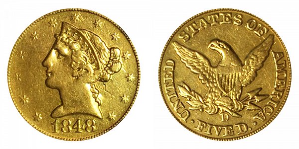 1848 D Liberty Head $5 Gold Half Eagle - Five Dollars 