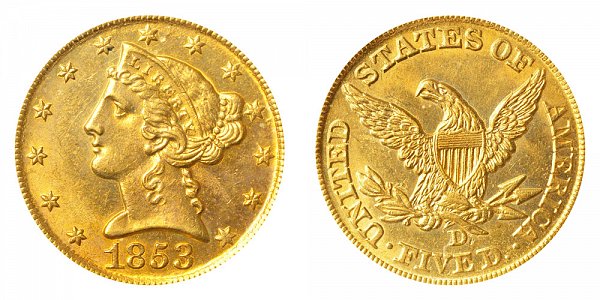 1853 D Liberty Head $5 Gold Half Eagle - Five Dollars 