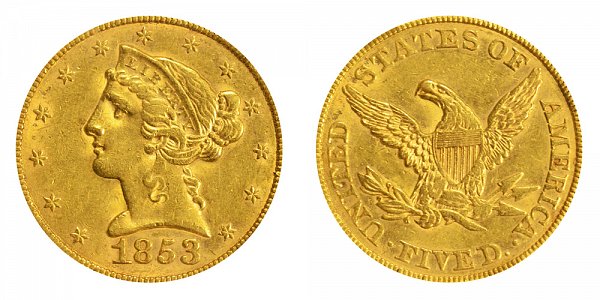 1853 Liberty Head $5 Gold Half Eagle - Five Dollars 