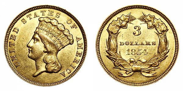 1854 Indian Princess Head $3 Gold Dollars - Three Dollars 
