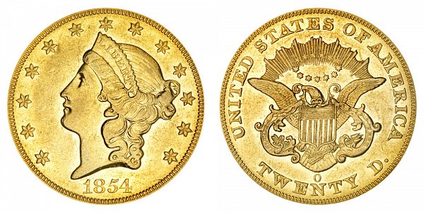 1854 O Liberty Head $20 Gold Double Eagle - Twenty Dollars 
