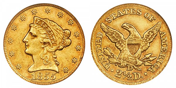 1855 D Liberty Head $2.50 Gold Quarter Eagle - 2 1/2 Dollars 