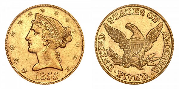 1855 Liberty Head $5 Gold Half Eagle - Five Dollars 