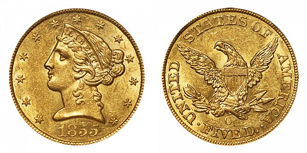 1855 O Liberty Head $5 Gold Half Eagle - Five Dollars 